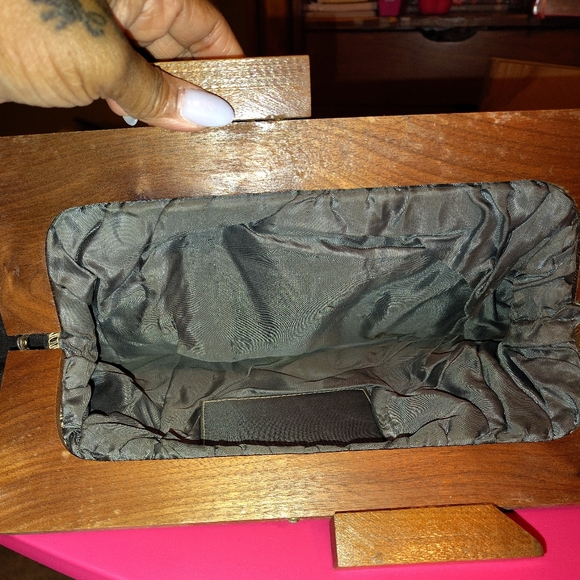Vtg Black Soft Pouch Wooden Big Clutch Bag - Picture 9 of 10
